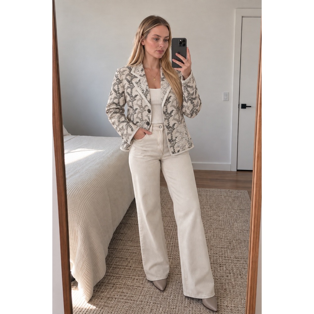 VTG Coldwater Creek Womens Embroidered Blazer M Cream Floral Beaded Cottage Boho